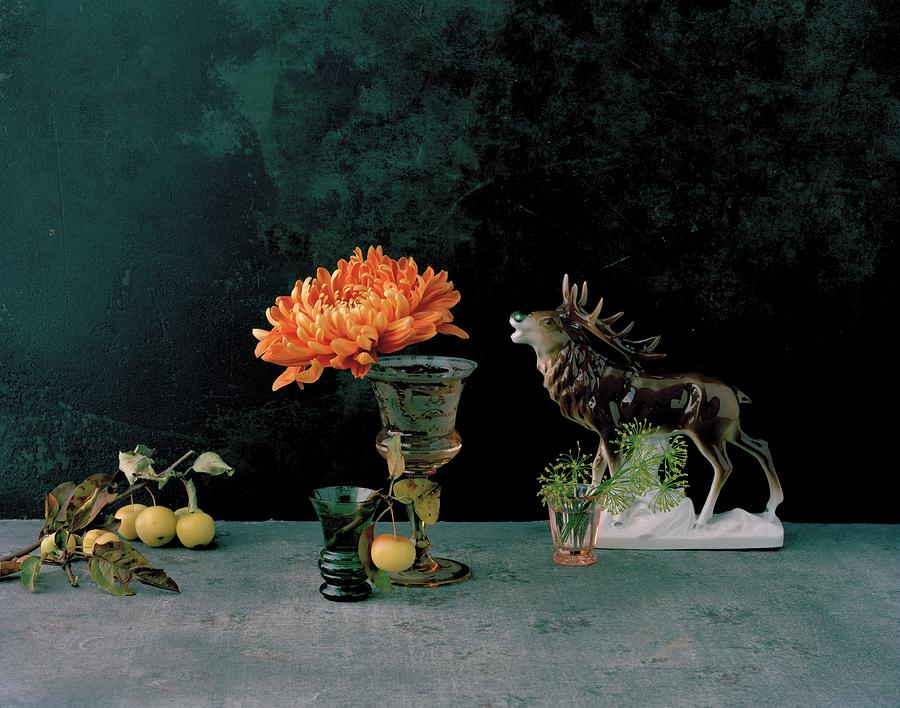 Autumnal Still-life Arrangement With Stag Ornament, Crab Apples & Chrysanthemum Photograph by Matthias Hoffmann