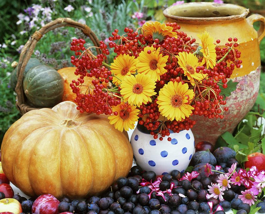 Autumnal Still Life With Vase Of Flowers, Pumpkins & Fruit Photograph by Linda Burgess