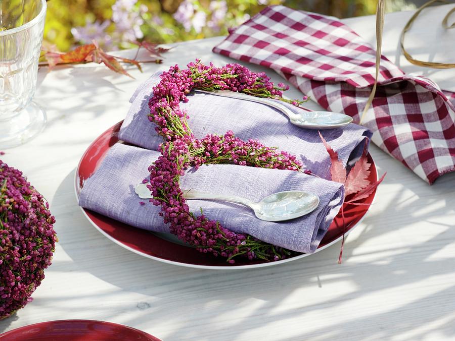Autumnal Table Decoration: Fabric Napkins With Flower Wreaths Photograph by Strauss, Friedrich