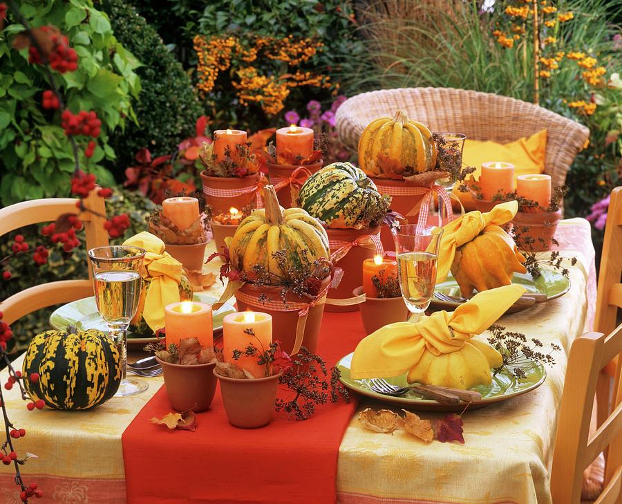 Autumnal Table Decoration Of Squashes And Autumn Leaves Photograph by Strauss, Friedrich