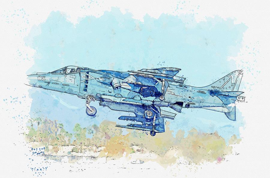 AV-8B Banked Take Off watercolor by Ahmet Asar Painting by Celestial Images