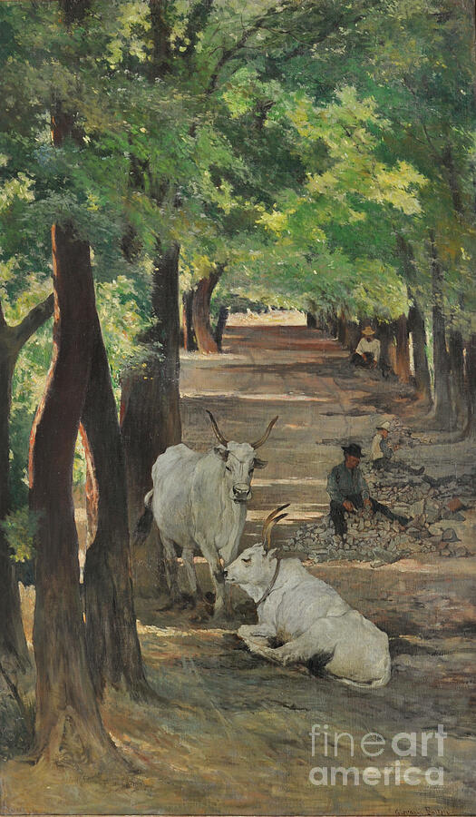 Avenue With Oxen And Stone Breakers, Circa 1875 Painting by Giovanni Fattori