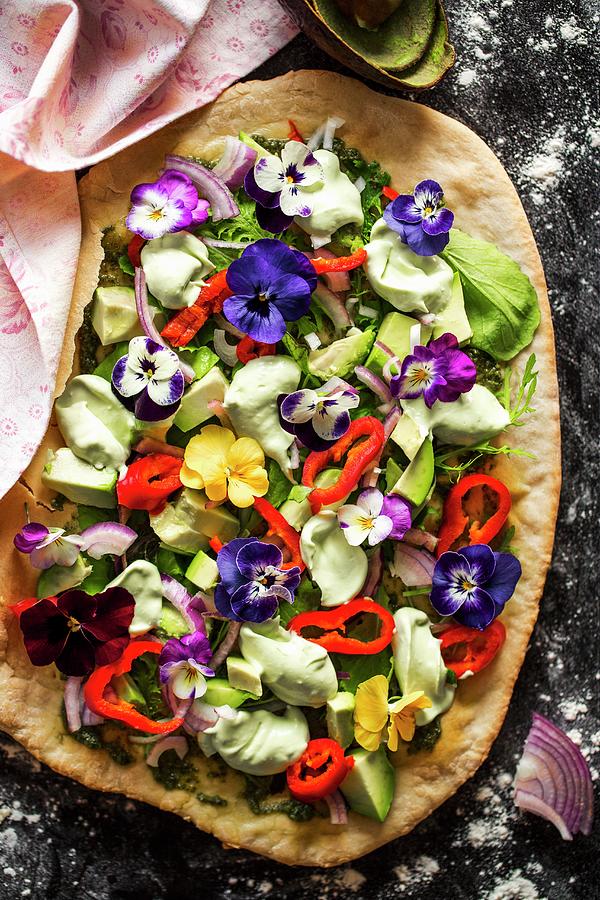 Avocado Salad With Edible Flowers, Peppers, Red Onions And Lettuce On A Blind-baked Pizza Base Photograph by Sandra Krimshandl-tauscher