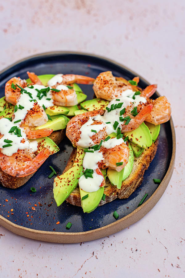 Avocado Slices On Toast With Fried Prawns, Aleppo Pepper And Aioli Photograph by Hein Van Tonder