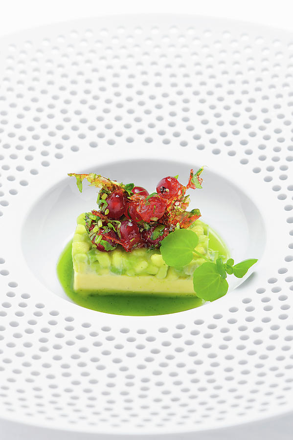 Avocado With Watercress Juice And Redcurrant Caramel Photograph by Tre Torri