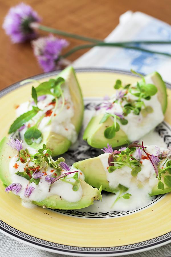 Avocado With Yoghurt, Garlic, Bean Sprouts And Chive Flowers Photograph by Yelena Strokin