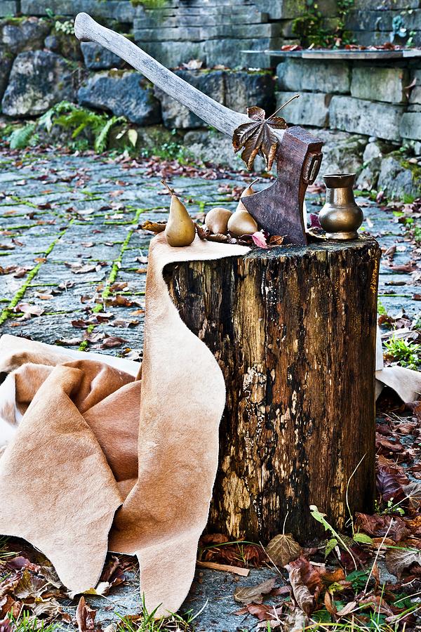 Axe Stuck In Wooden Block With Pears And Metal Vessel In Autumnal Garden Photograph by Atelier Hmmerle