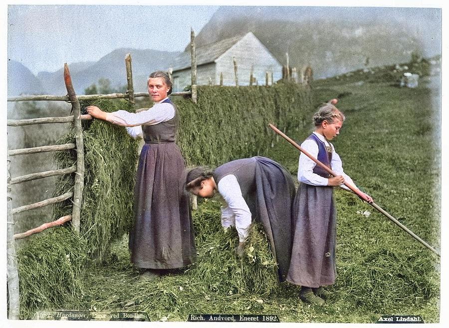 Axel Lindahl - Hardanger Piger Ved Bondhus, Norway, ca 1890 colorized by Ahmet Asar Painting by Celestial Images