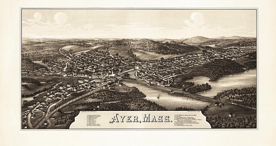 Ayer Massachusetts Antique Birdseye Map 1886 Drawing by History Prints ...