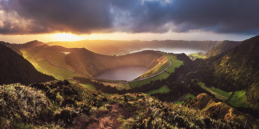 Azores - Sete Cidades Sunset Panorama Photograph by Jean Claude Castor