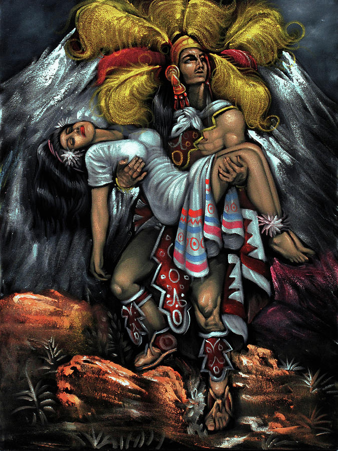 Vintage Painting - Aztec Indian Lovers Popocatepetl Calendar Mexican by Andres Gonzalez