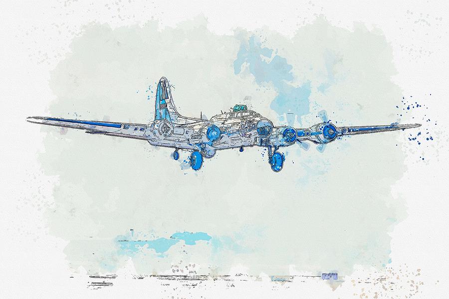 B-17G Coming Out of the Smoke watercolor by Ahmet Asar Painting by Celestial Images
