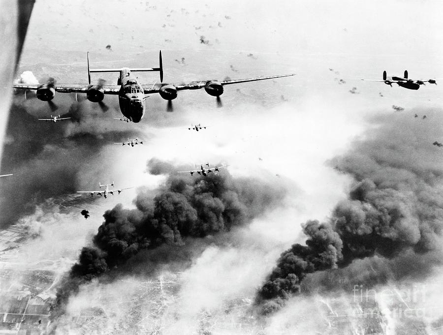 Airplane Photograph - B-24 Liberator Bombers Targeting An Oil Refinery by Library Of Congress/science Photo Library