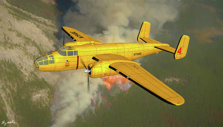 B-25 Mitchell Fire Tanker 4 - Oil Digital Art by Tommy Anderson