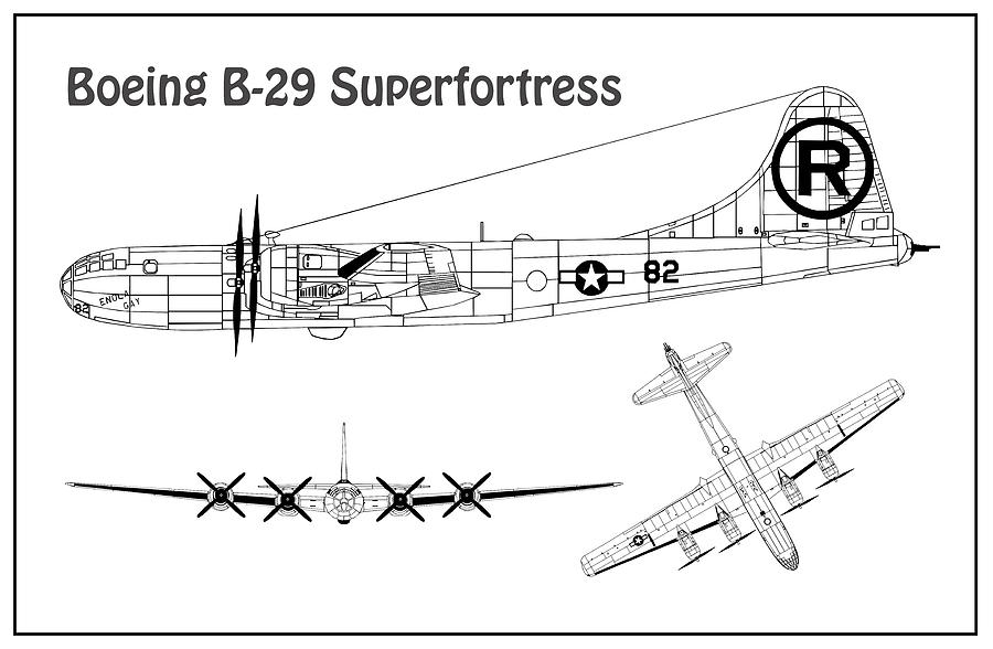 Transportation Drawing - B-29 Superfortress Enola Gay - Airplane Blueprint. Drawing Plans for the Boeing B-29 Superfortress by SP JE Art