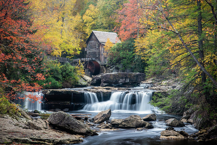 Babcock State Park WV Autumn Grist Mill and Waterfall Photograph by Robert Stephens