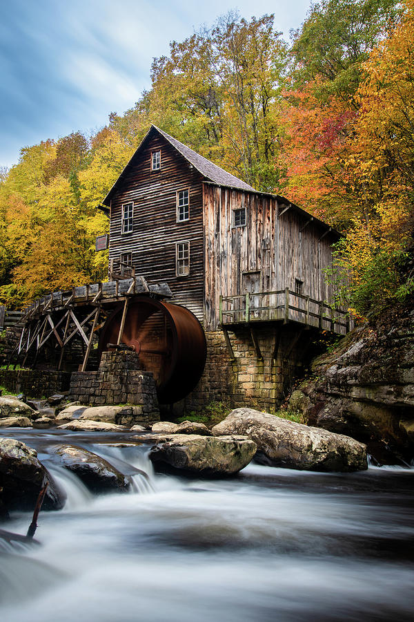 Babcock State Park WV Autumn Grist Mill and Waterfall Vertical Photograph by Robert Stephens