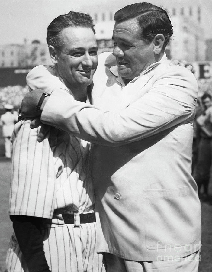 Babe Ruth Greets Lou Gehrig At Stadium Photograph by Bettmann