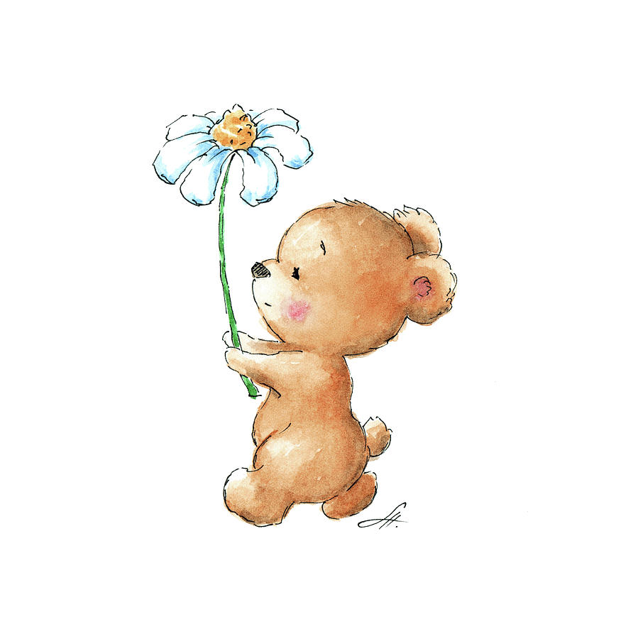 Daisy Drawing - Baby Bear With Flower by Anna Abramskaya