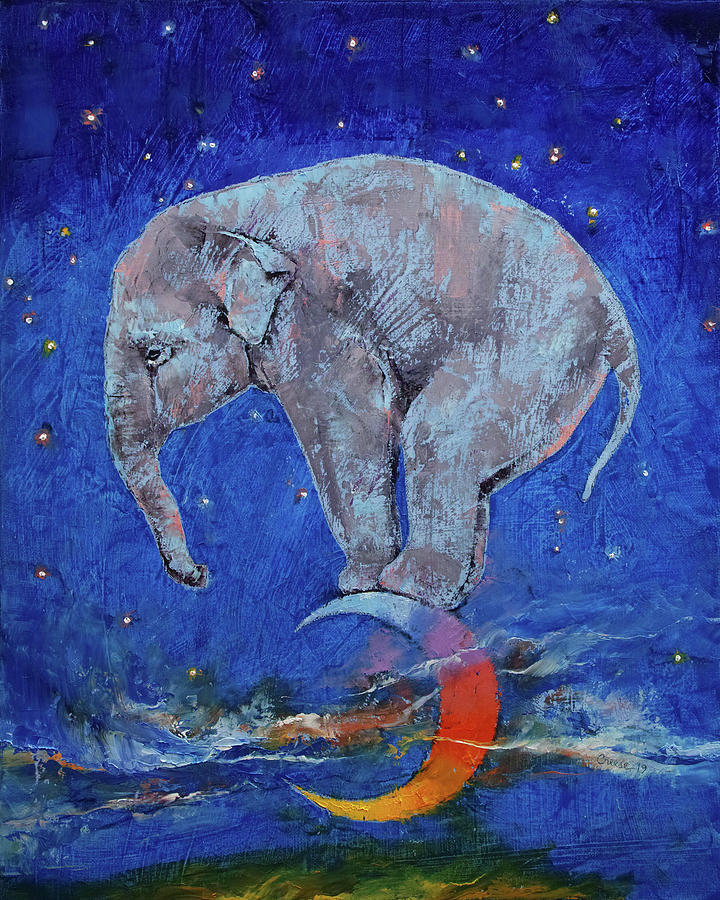 Wildlife Painting - Baby Elephant Moon by Michael Creese