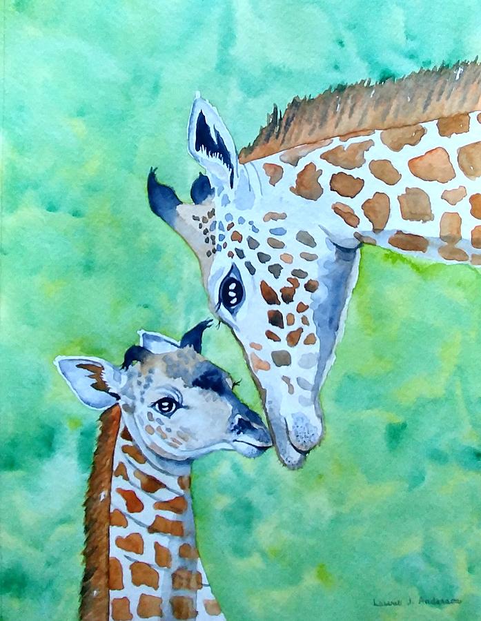 Baby Giraffe with Mama Painting by Laurie Anderson