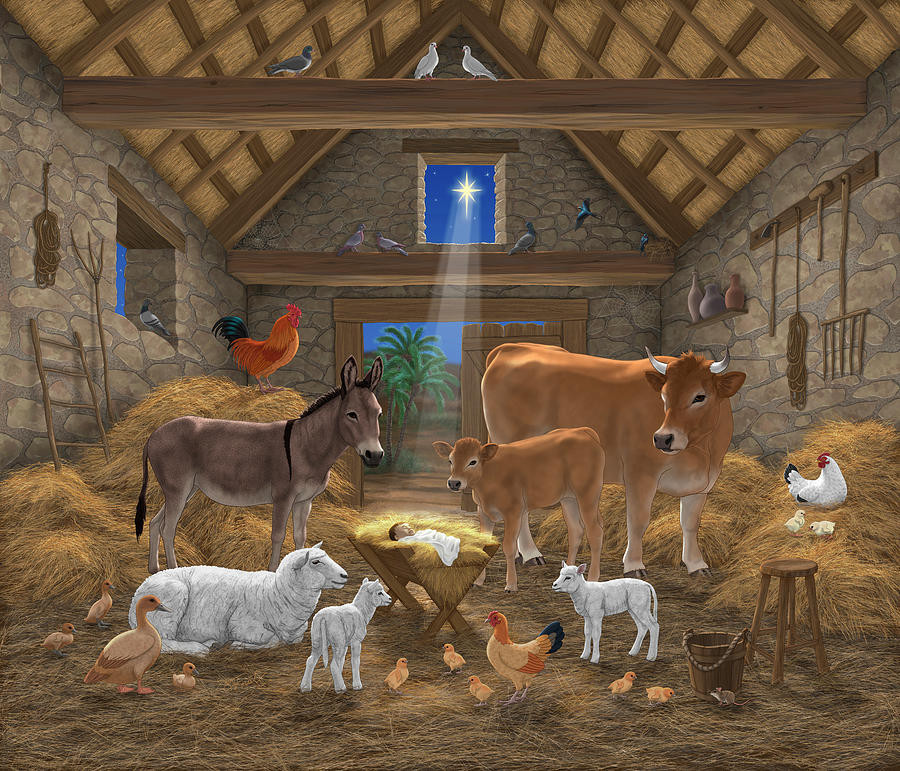 Farm Animals Painting - Baby Jesus Divine Manger Holy Night Christmas Nativity Scene Barnyard Farm Animals by Crista Forest