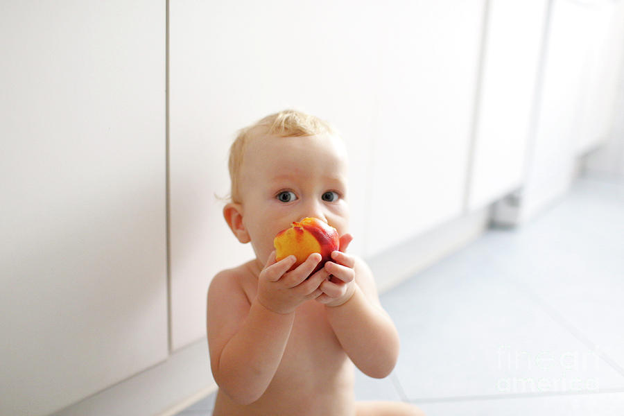 Baby led weaning, baby learning to eat with his first foods. Photograph by Joaquin Corbalan