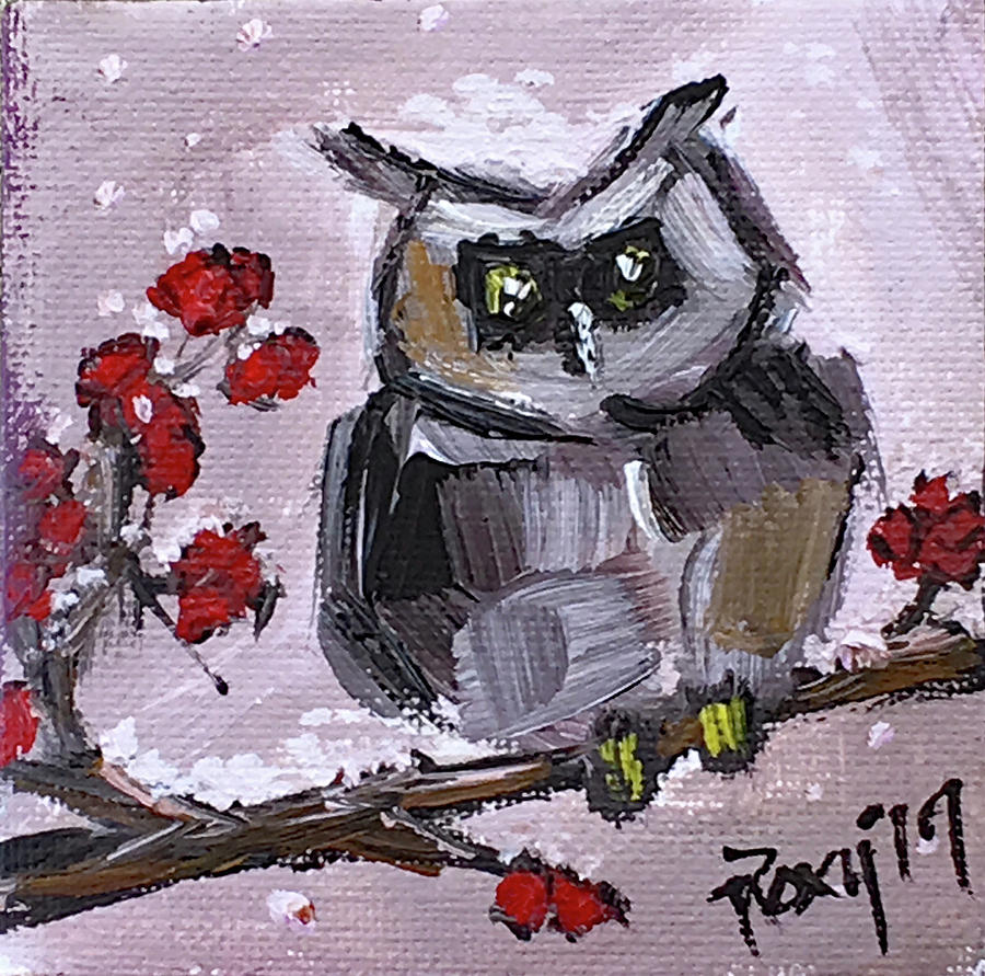 Baby Owl with Berries Painting by Roxy Rich