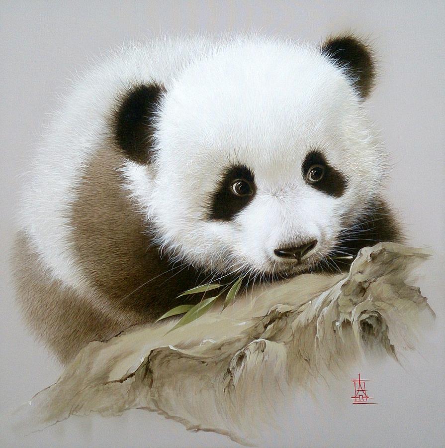 Baby Panda with Bamboo Leaves Painting by Alina Oseeva
