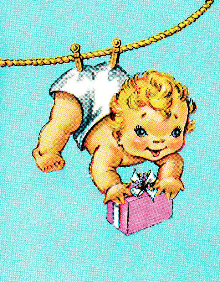 Vintage Drawing - Baby pinned on a clothesline by CSA Images
