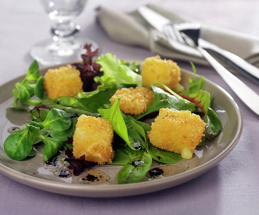 Baby Spinach And Corn Lettuce Salad With Cantal Croquettes Photograph by Bertram