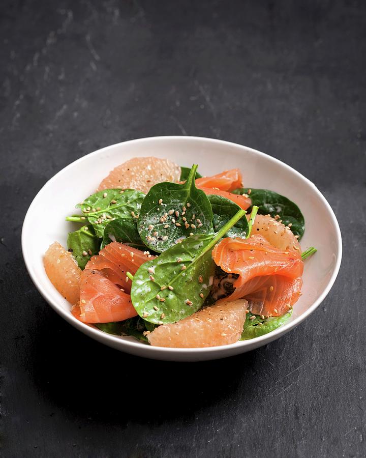 Baby Spinach, Smoked Salmon Salad With Sesame Seeds Photograph by Garnier