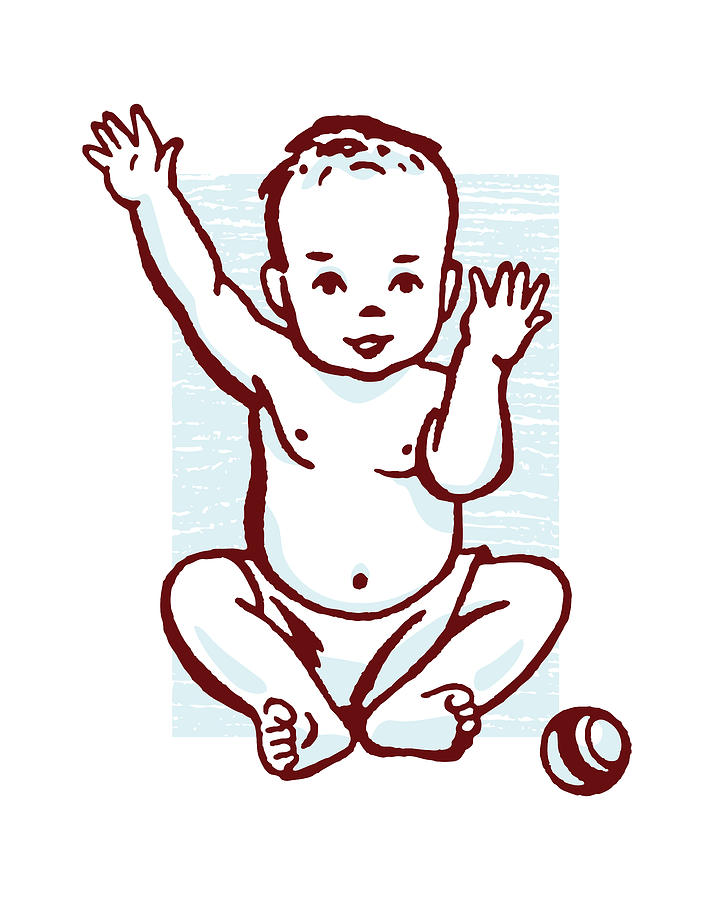 Vintage Drawing - Baby with Ball on Ground by CSA Images