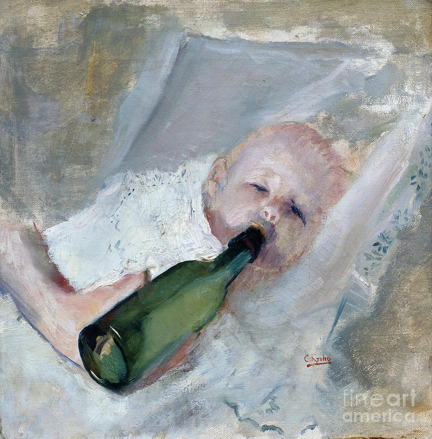 Baby with milk bottle Painting by O Vaering by Christian Krohg