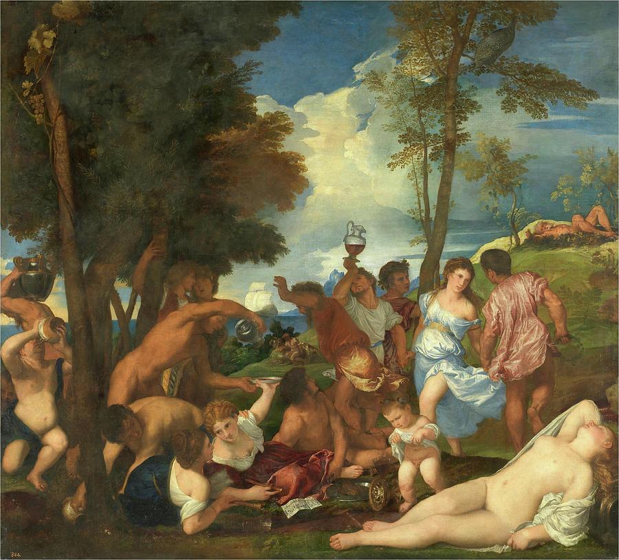 Bacchanal on Andros, 1523-1526, Italian School, Oil on canvas, 1... Painting by Titian -c 1485-1576-