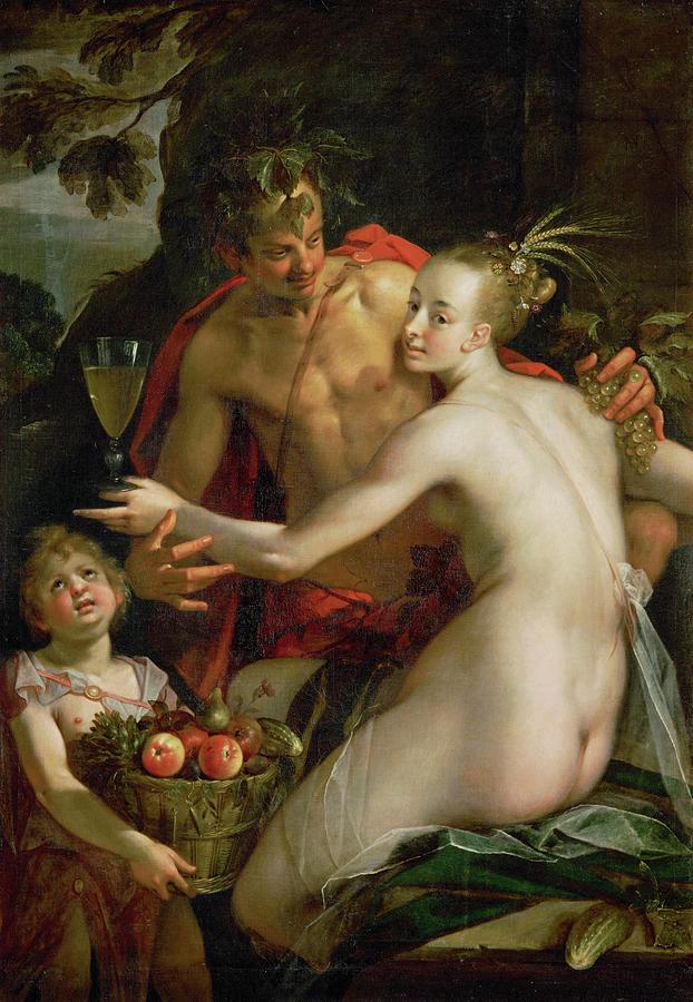 Bacchus, Ceres and Amor. Canvas, 163 x 113 cm Inv. 1098. HANS VON AACHEN . CERES -DEMETER-. Painting by Hans von Aachen -1552-1615-