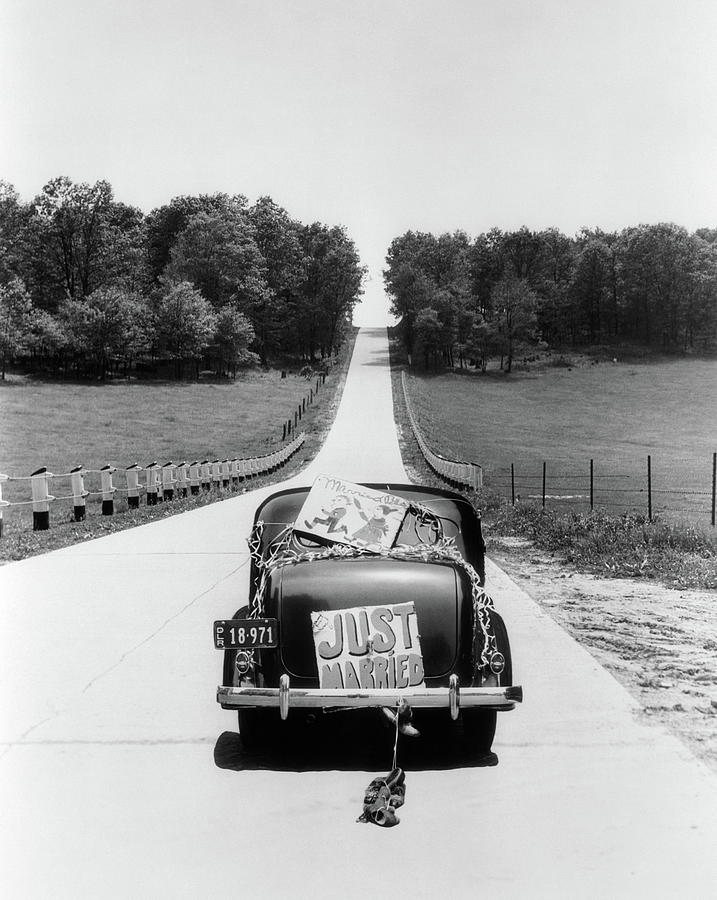 Back View Of Car With Just Married Sign Photograph by H. Armstrong Roberts