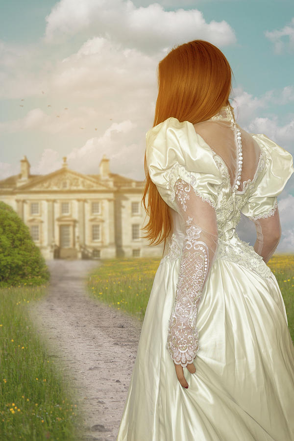 Back View Of Victorian Woman Walking Towards A Mansion House Photograph by Ethiriel Photography
