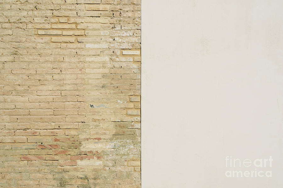Background of a wall half white and half with bricks, divided into two halves. Photograph by Joaquin Corbalan