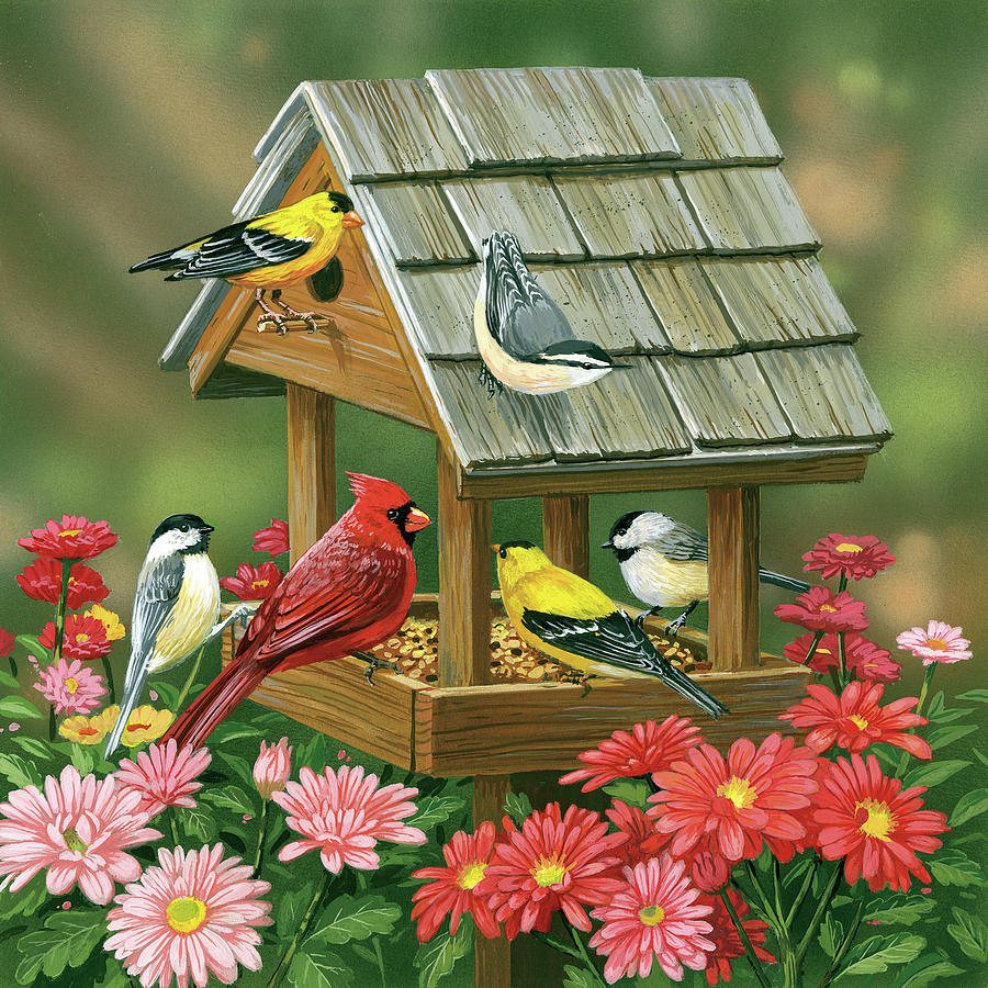 Bird Painting - Backyard Birds Fall Feast by William Vanderdasson