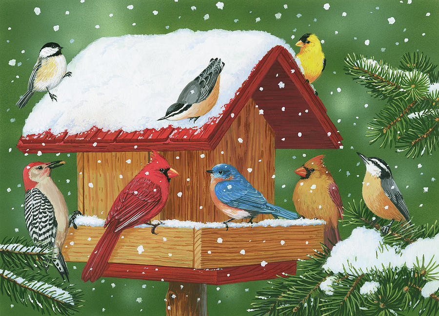 Winter Painting - Backyard Birds, Holiday Treats by William Vanderdasson