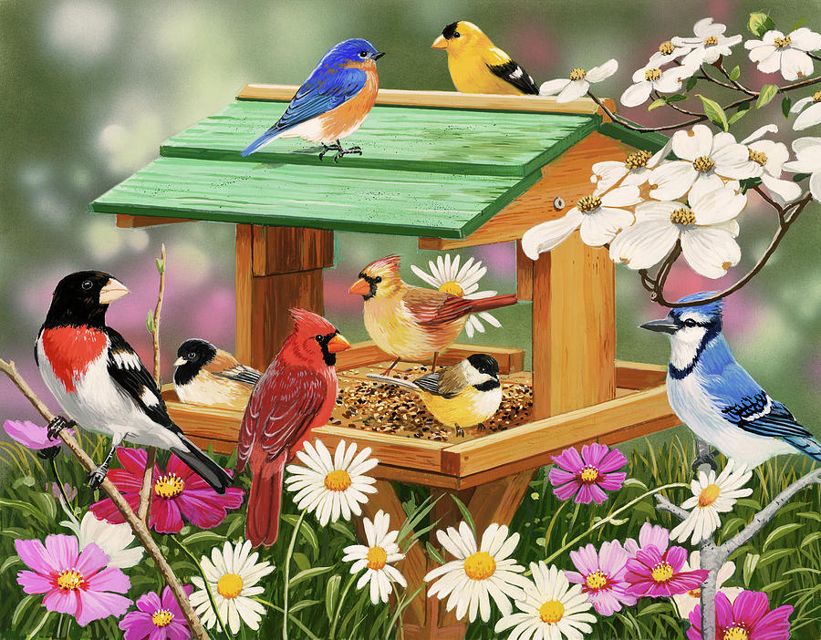 Bird Painting - Backyard Birds Spring Feast by William Vanderdasson