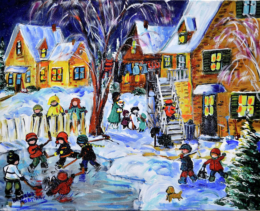 Winter Painting - Backyard Hockey Night by Katerina Mertikas