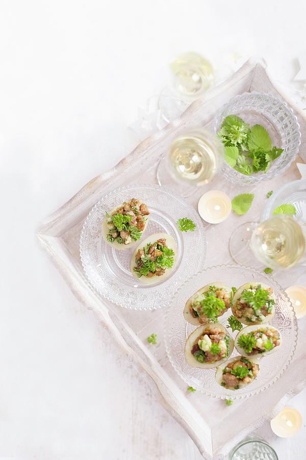 Bacon Stuffed Potatoes With Parsley On A Serving Board Photograph by Natalia Mantur