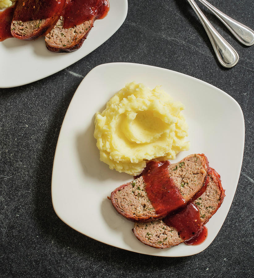 Bacon Wrapped Meat Loaf With Smoky Barbecue Sauce And Potato Mash Photograph by Snowflake Studios