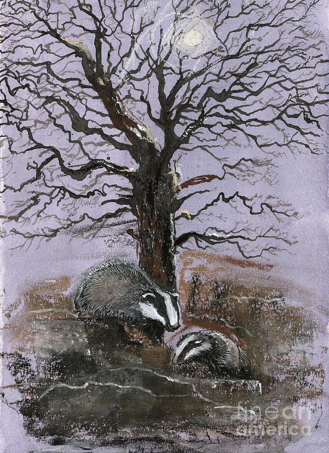 Badgers In The Moonlight, Pastel Painting by Faisal Khouja