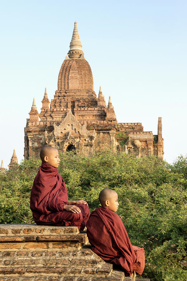 Bagan, Buddhist Monks Sitting On Temple Photograph by Martin Puddy
