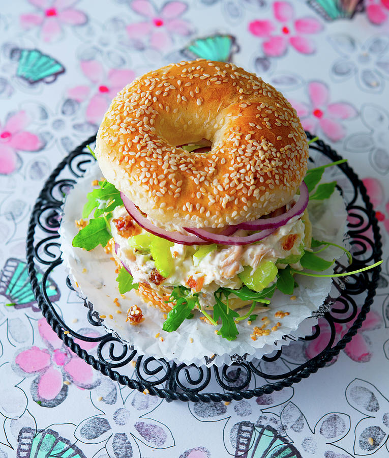 Bagel With Chicken Salad, Red Onions And Rocket Photograph by Udo Einenkel