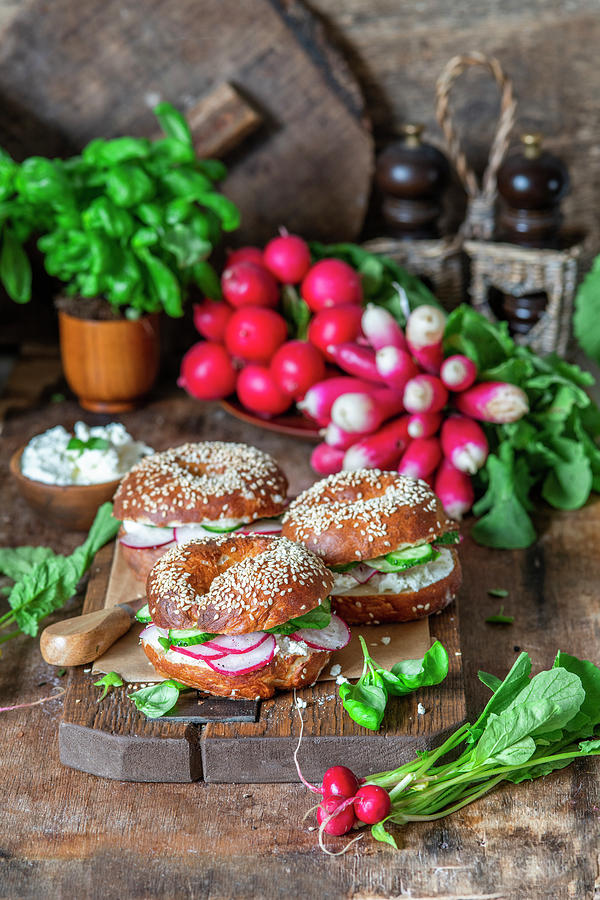 Bagels With Cream Cheese And Vegetables Photograph by Irina Meliukh