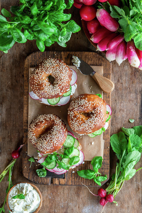 Bagels With Radish And Cucumber And Cream Cheese Photograph by Irina Meliukh